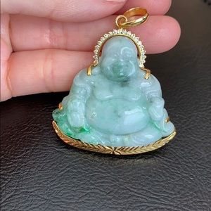 14k Real Gold Happy Laughing Buddha Jade Pendant